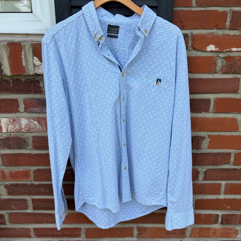 Manche Men XL Slim Fit Blue White Textured Dobby Cotton Button Down Shirt Turkey